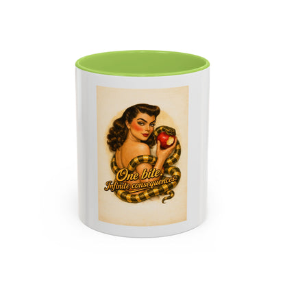 Vintage Pin-Up Coffee Mug – "One Bite Infinite Consequences" Retro Design