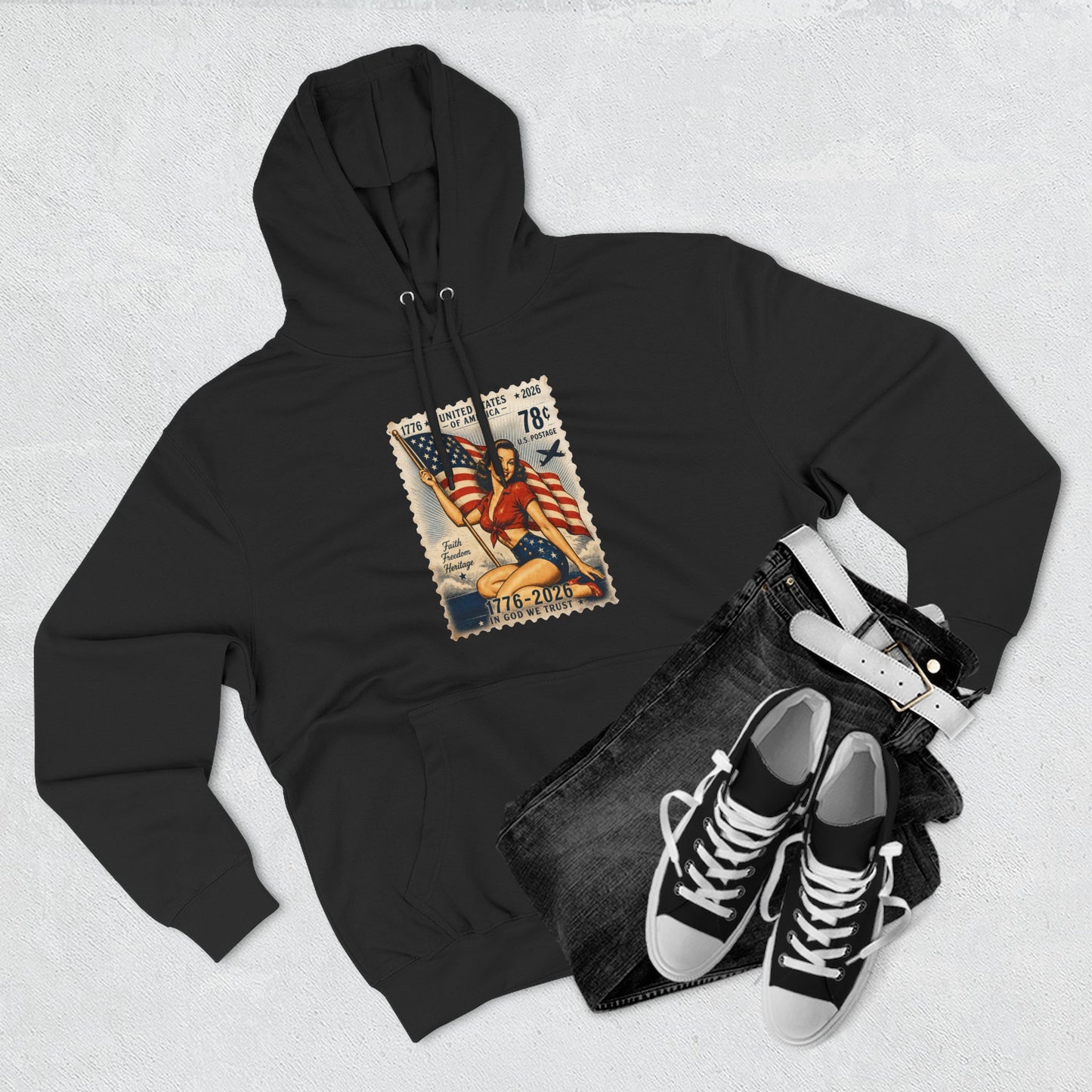Patriotic Vintage Stamp Hoodie — American Flag & Eagle Graphic