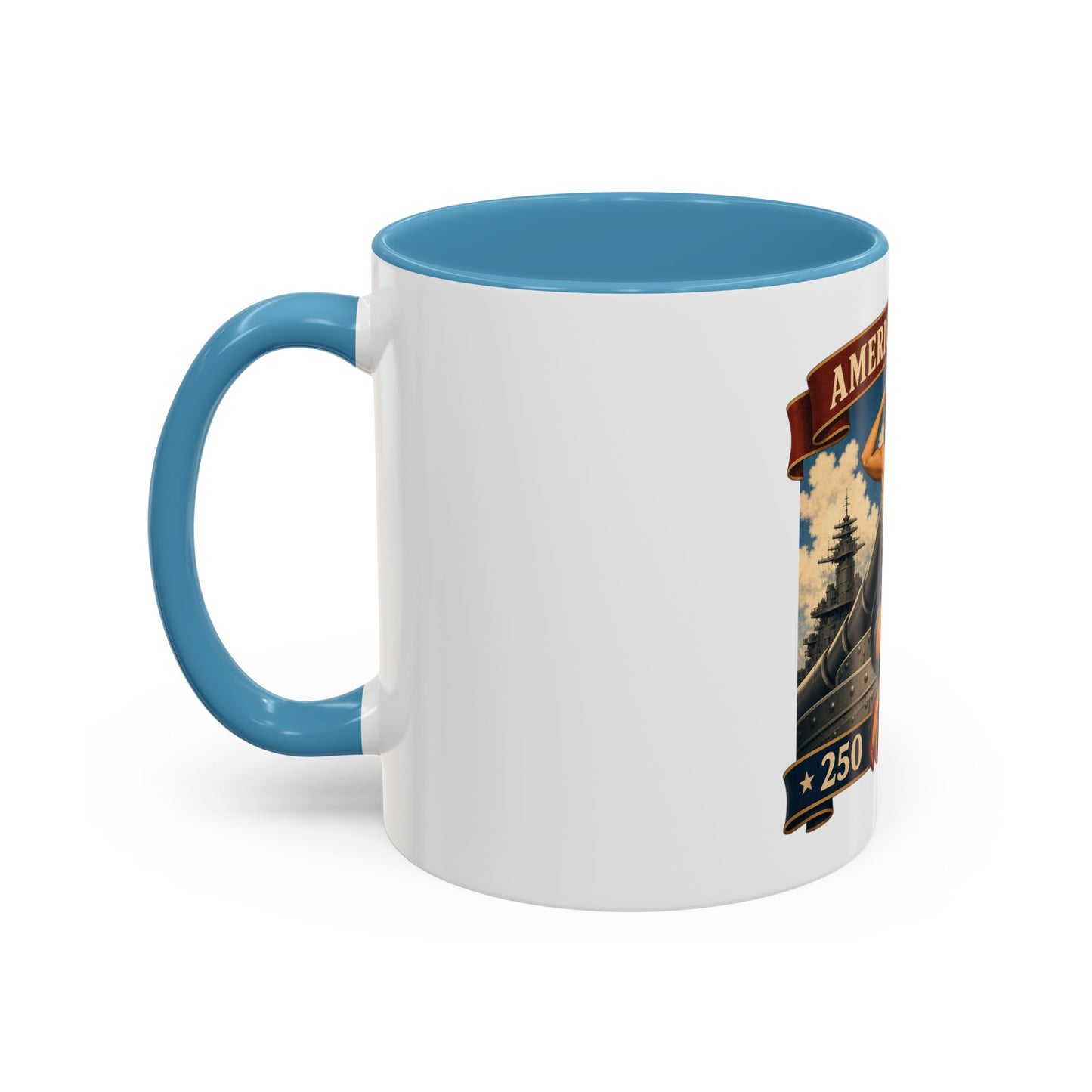 Coffee Mug — "American Women: 250 Years of Big Guns" Vintage Pin-Up Navy Design