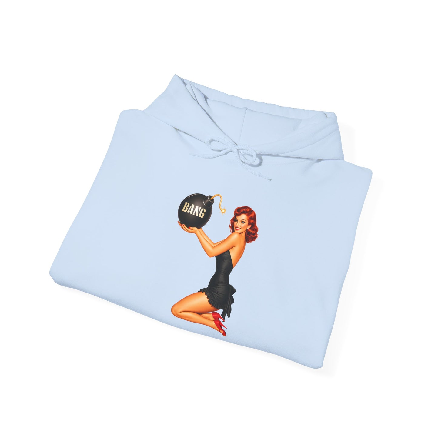 Retro Pin-Up Hoodie — Woman Holding 'Bang!' Bomb Graphic