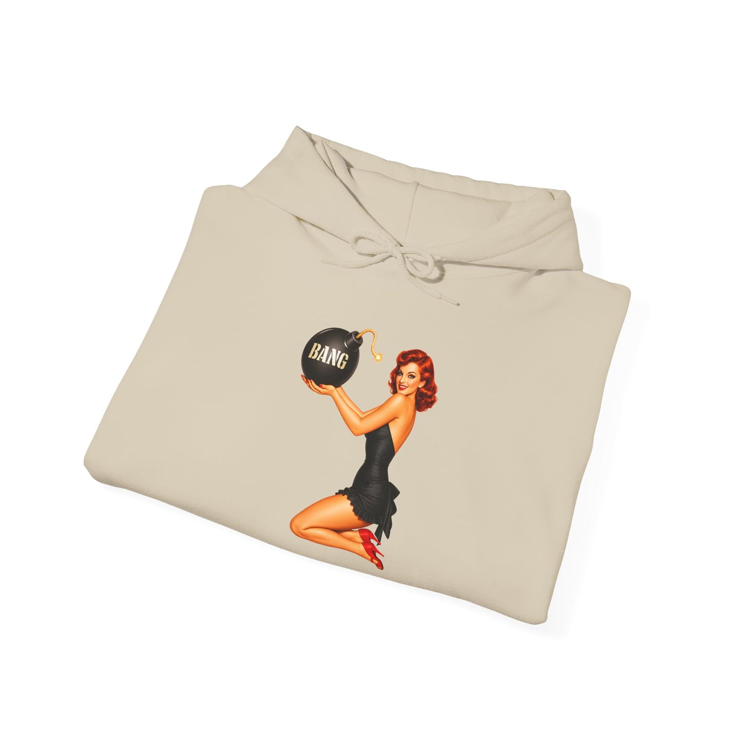 Retro Pin-Up Hoodie — Woman Holding 'Bang!' Bomb Graphic