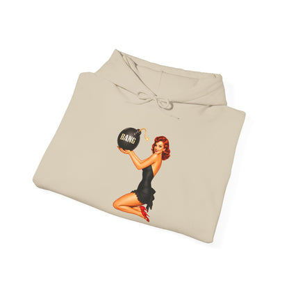 Retro Pin-Up Hoodie — Woman Holding 'Bang!' Bomb Graphic