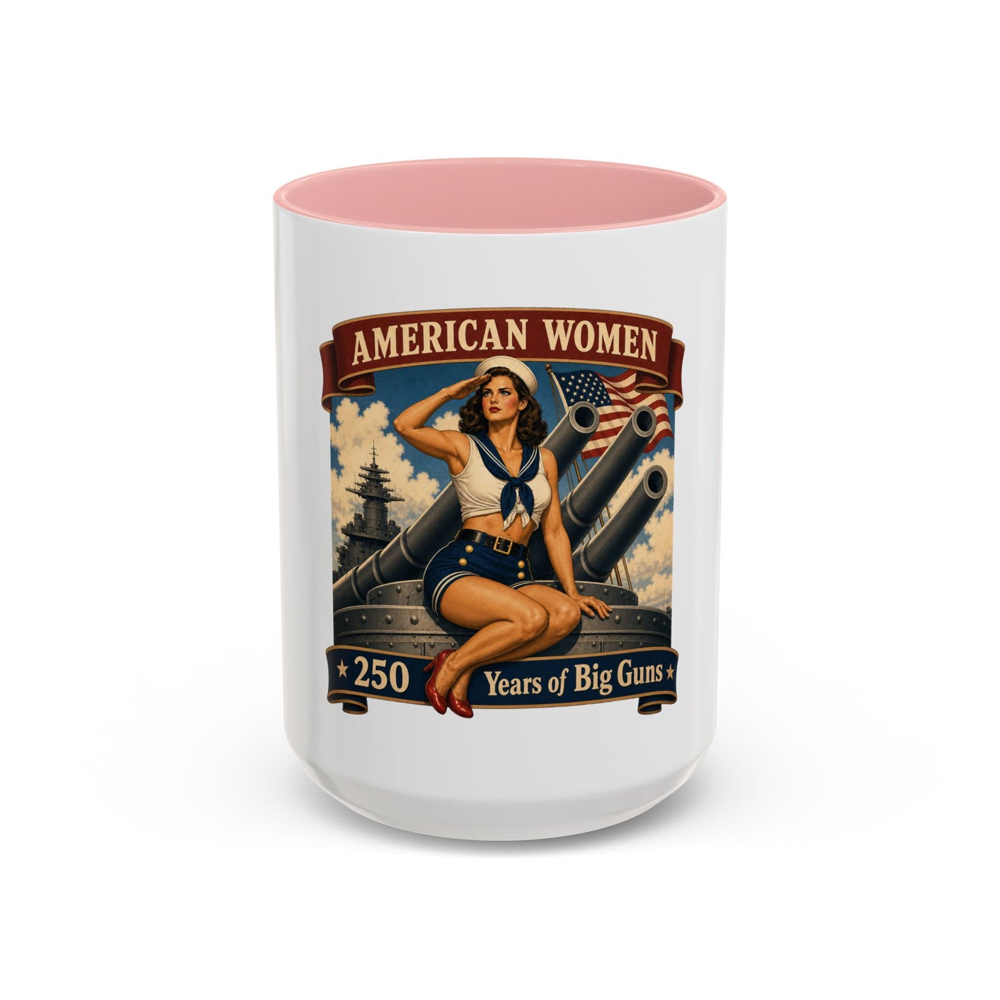 Coffee Mug — "American Women: 250 Years of Big Guns" Vintage Pin-Up Navy Design