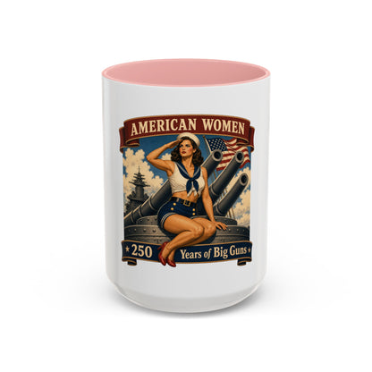 Coffee Mug — "American Women: 250 Years of Big Guns" Vintage Pin-Up Navy Design