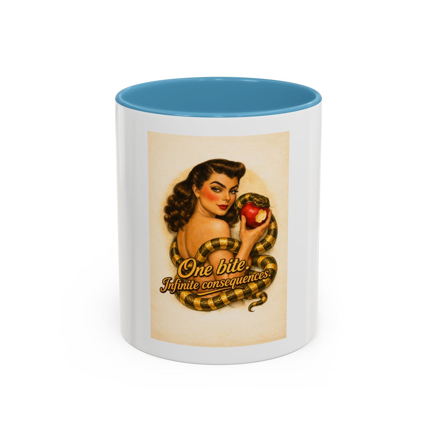 Vintage Pin-Up Coffee Mug – "One Bite Infinite Consequences" Retro Design