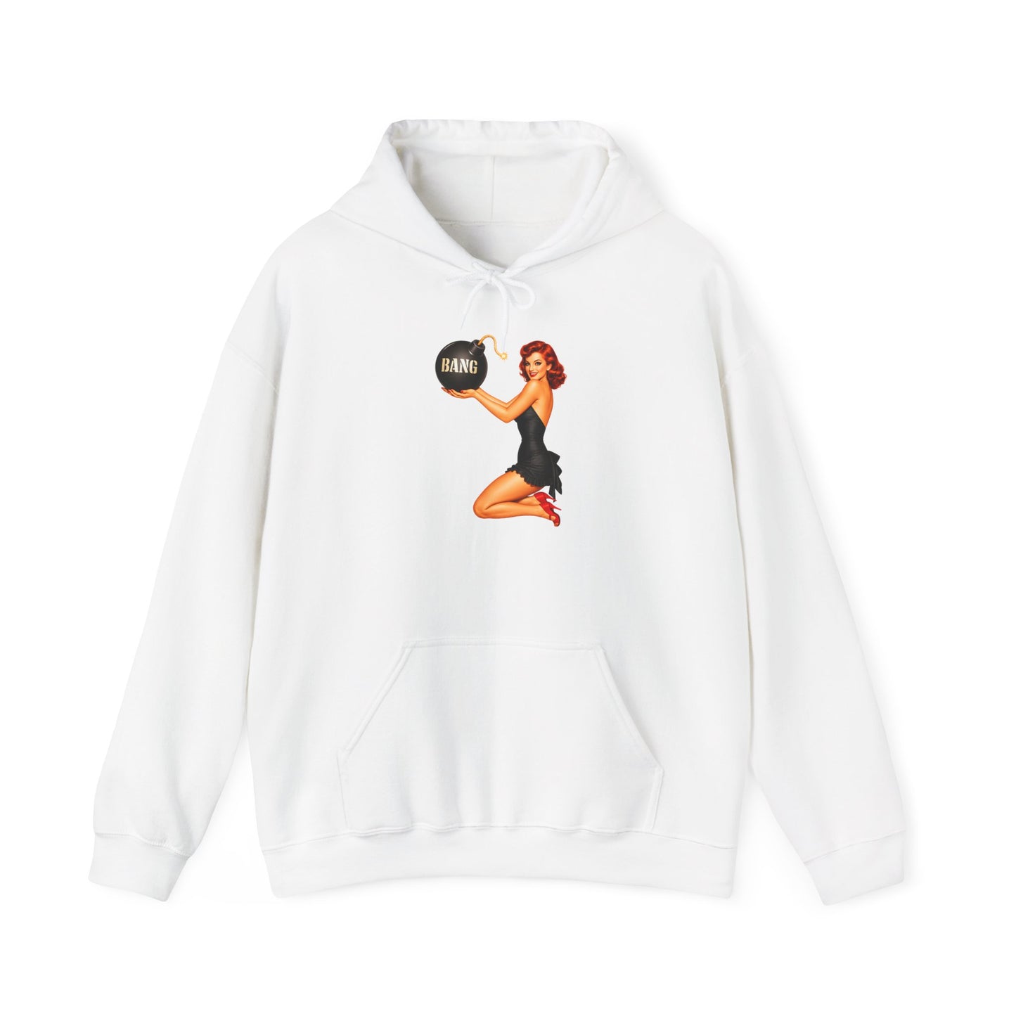 Retro Pin-Up Hoodie — Woman Holding 'Bang!' Bomb Graphic