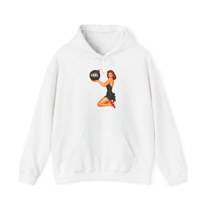 Retro Pin-Up Hoodie — Woman Holding 'Bang!' Bomb Graphic
