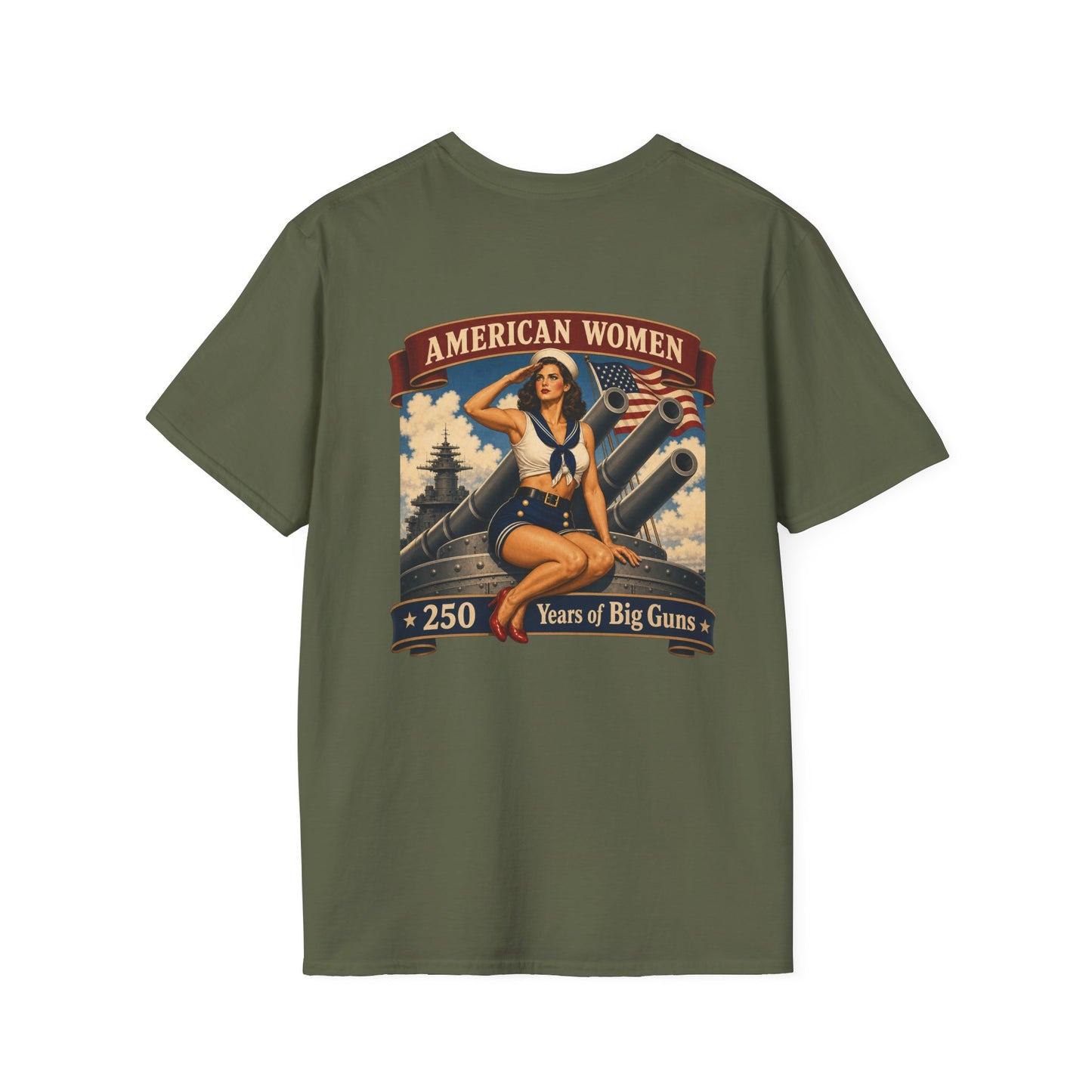 American Women Pin-Up T-Shirt — Vintage Patriotic Navy Gunboat Design