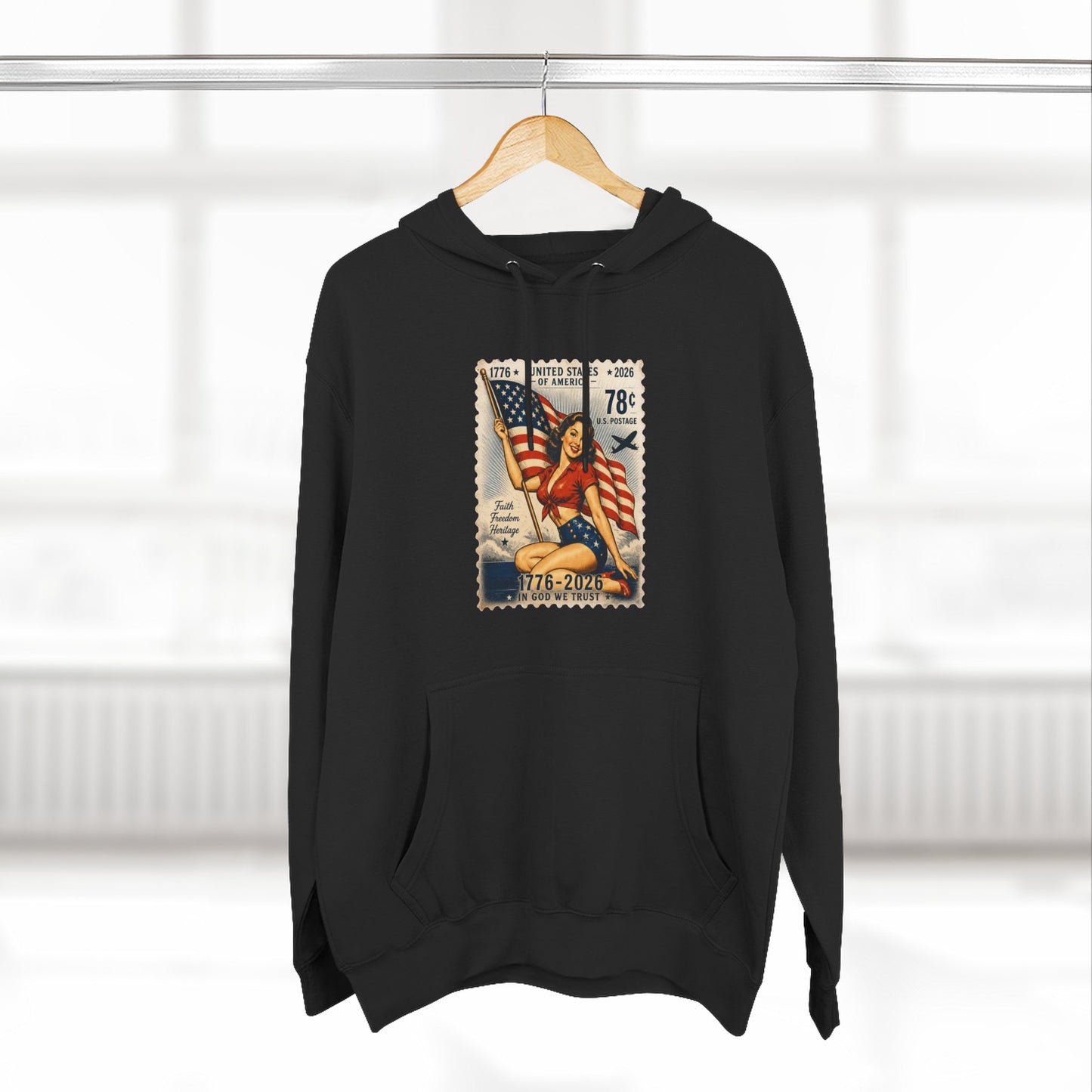 Patriotic Vintage Stamp Hoodie — American Flag & Eagle Graphic