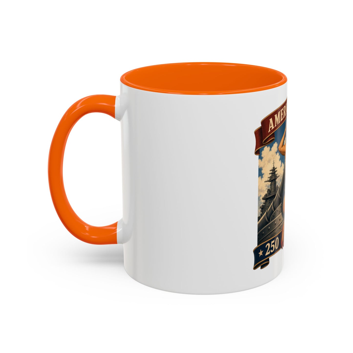 Coffee Mug — "American Women: 250 Years of Big Guns" Vintage Pin-Up Navy Design