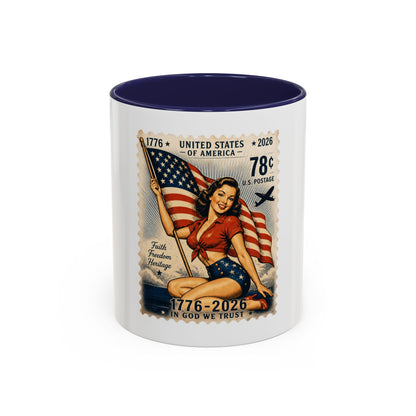 Vintage Patriotic Coffee Mug — 1776–2026 Pinup with American Flag (78 Stamp Design)