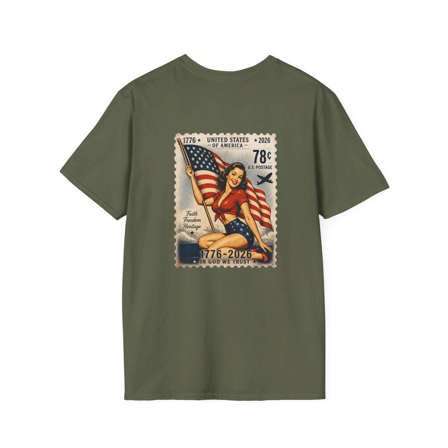 Vintage Pin-Up Flag T-Shirt — 1776–2026 Patriotic Stamp Design
