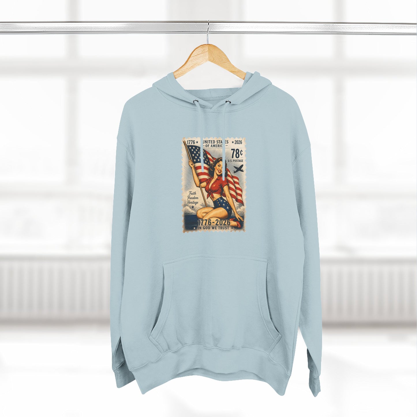 Patriotic Vintage Stamp Hoodie — American Flag & Eagle Graphic