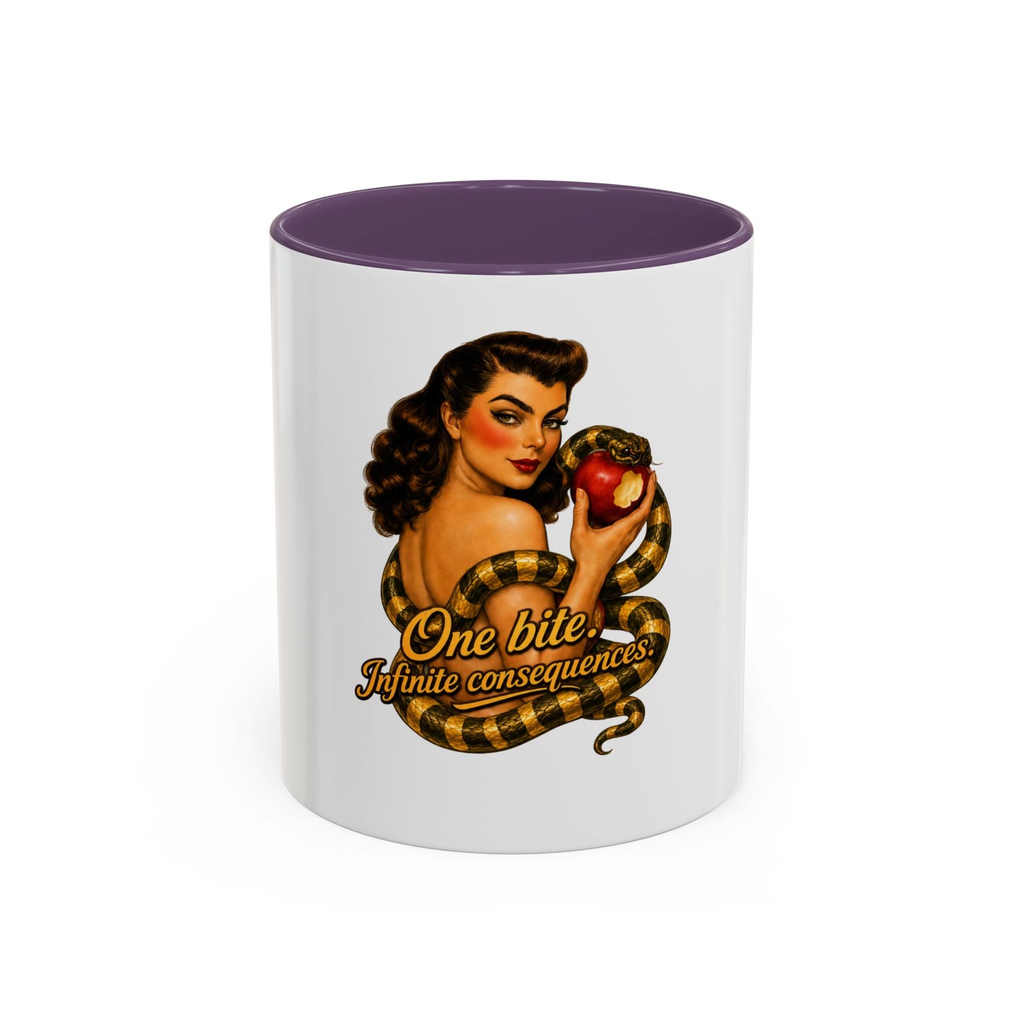 Vintage Pinup Coffee Mug — "One Bite... Infinite Consequences"