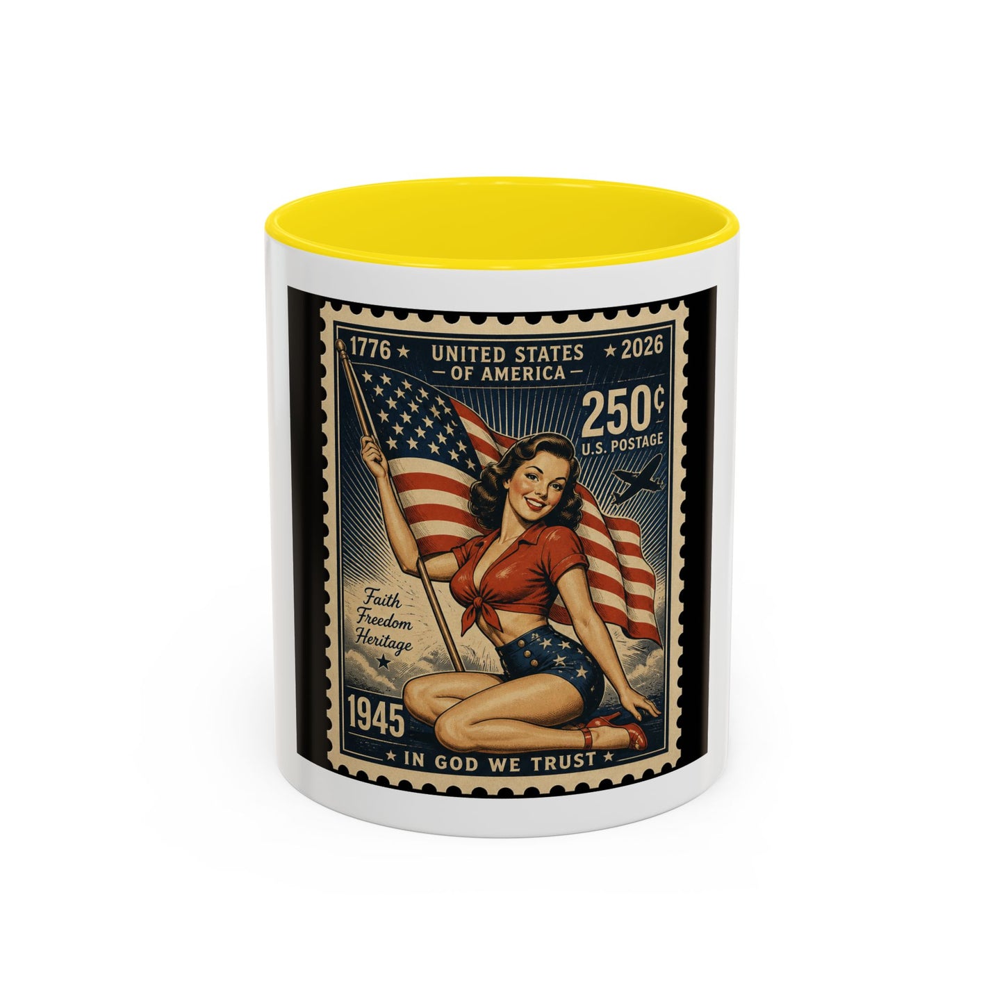 Vintage American Pin-Up Stamp Coffee Mug — Patriotic 1945 “In God We Trust” Accent Mug