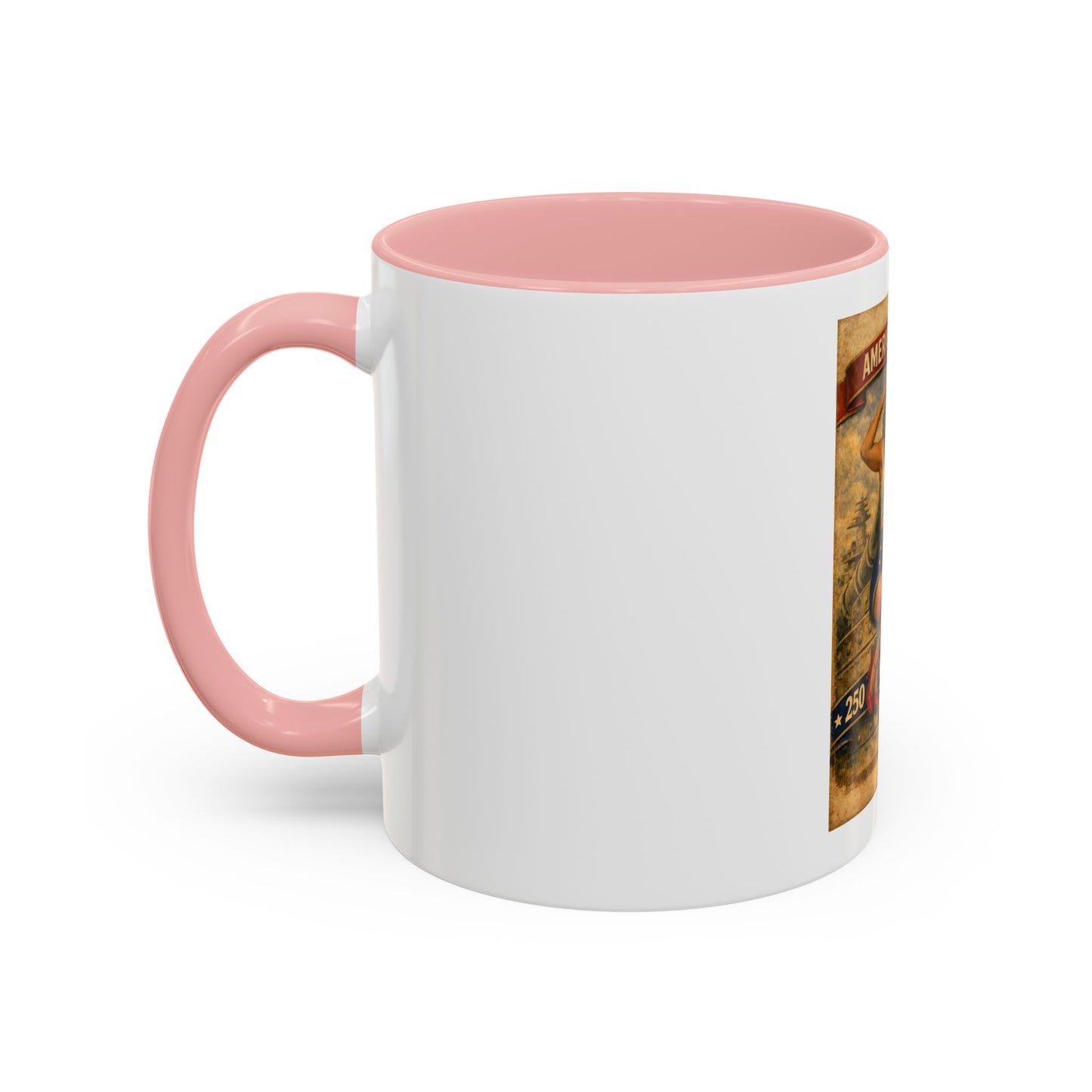 Accent Coffee Mug — Vintage 'American Women 250 Years of Big Guns' Pin-Up Military Design (11oz, 15oz)