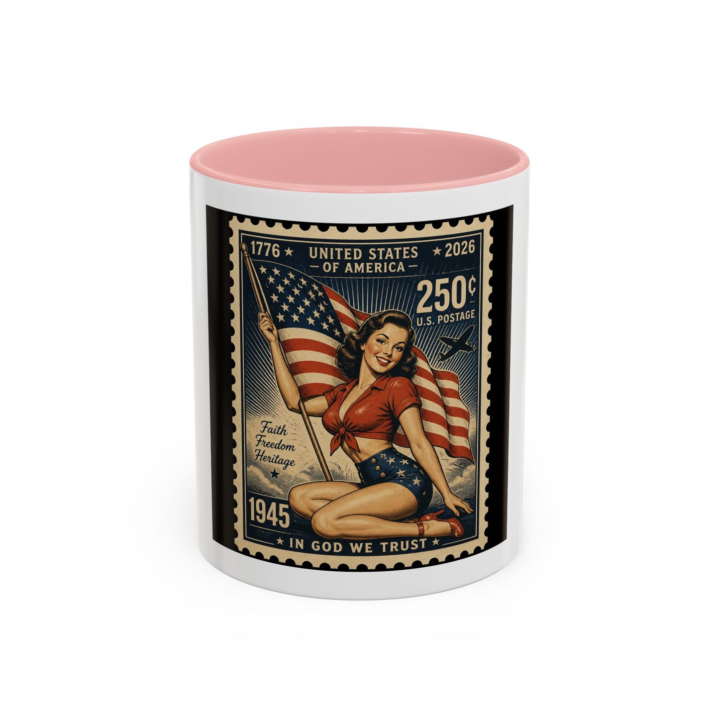 Vintage American Pin-Up Stamp Coffee Mug — Patriotic 1945 “In God We Trust” Accent Mug