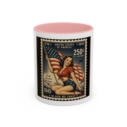 Vintage American Pin-Up Stamp Coffee Mug — Patriotic 1945 “In God We Trust” Accent Mug