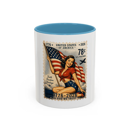 Vintage Patriotic Coffee Mug — 1776–2026 Pinup with American Flag (78 Stamp Design)