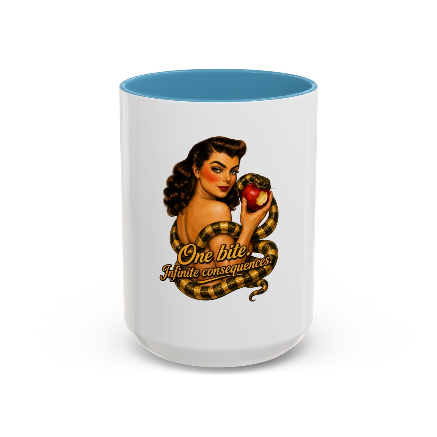 Vintage Pinup Coffee Mug — "One Bite... Infinite Consequences"