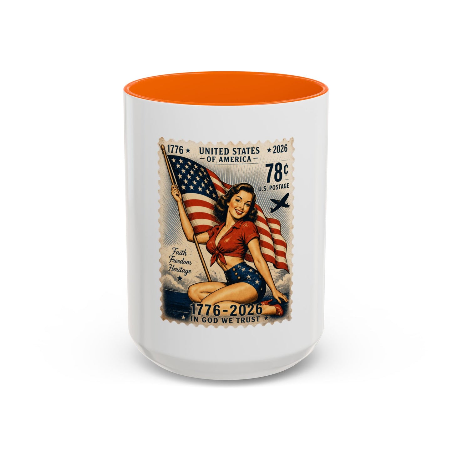 Vintage Patriotic Coffee Mug — 1776–2026 Pinup with American Flag (78 Stamp Design)