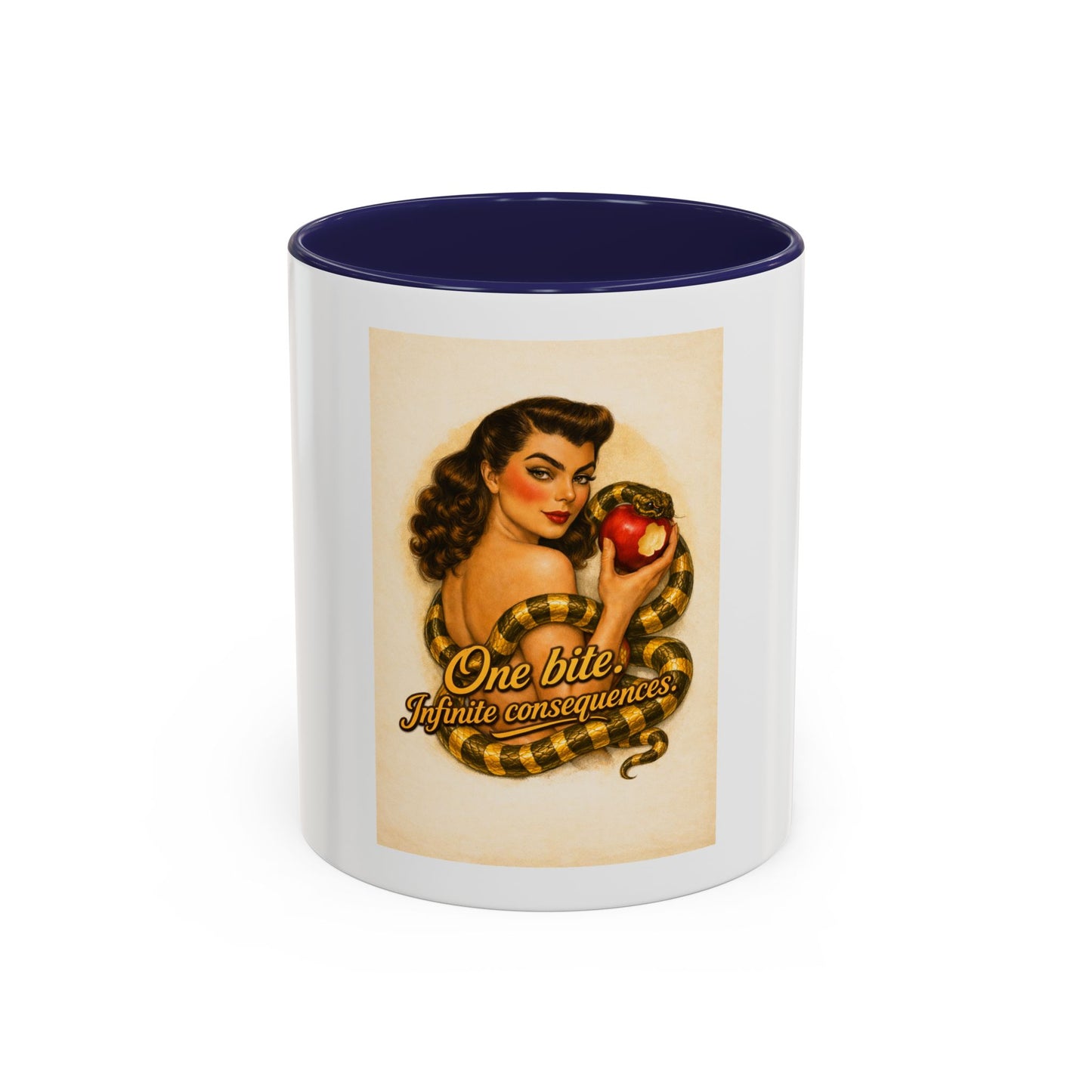 Vintage Pin-Up Coffee Mug – "One Bite Infinite Consequences" Retro Design
