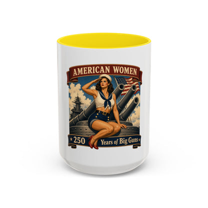 Coffee Mug — "American Women: 250 Years of Big Guns" Vintage Pin-Up Navy Design