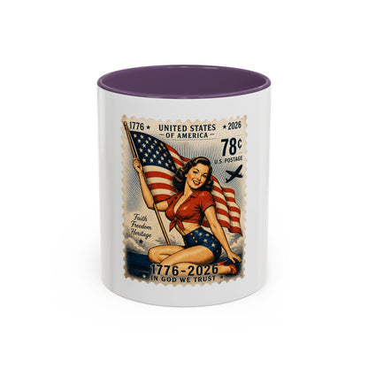 Vintage Patriotic Coffee Mug — 1776–2026 Pinup with American Flag (78 Stamp Design)