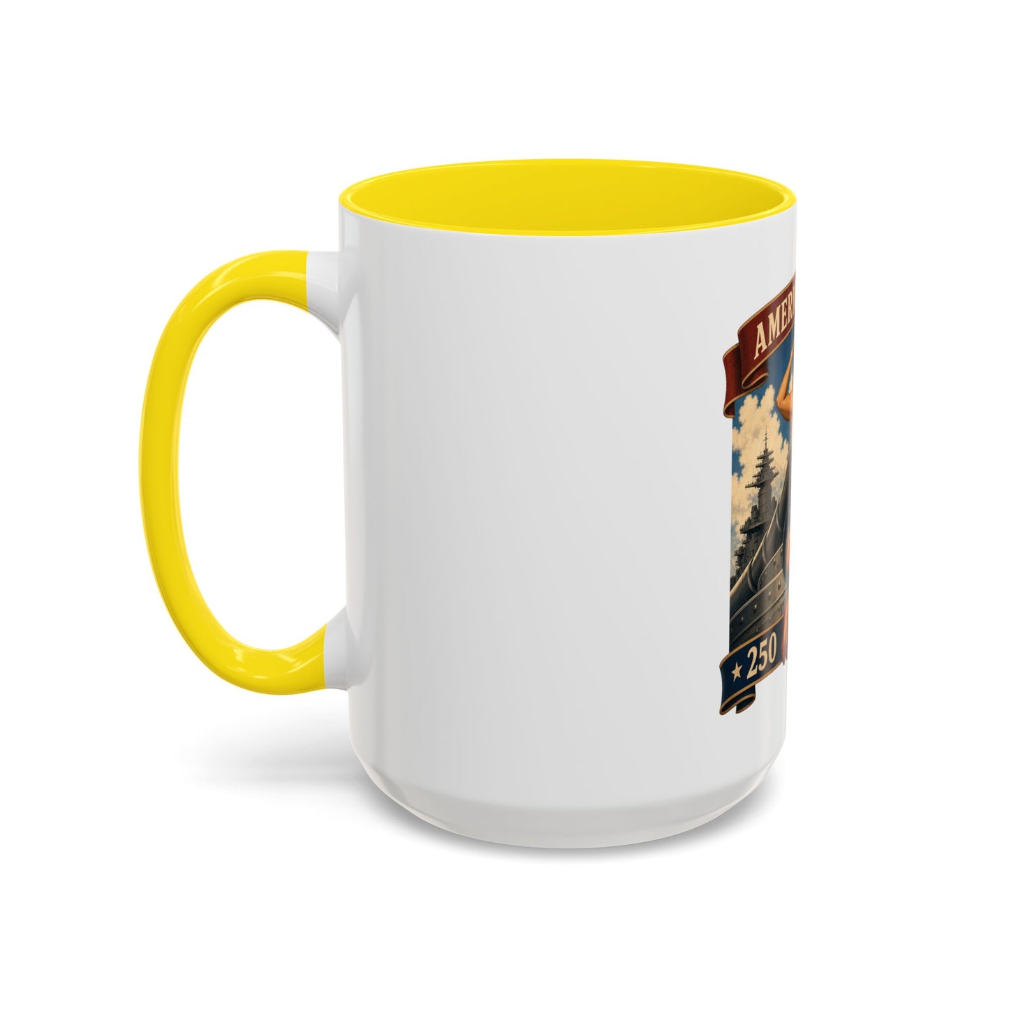 Coffee Mug — "American Women: 250 Years of Big Guns" Vintage Pin-Up Navy Design
