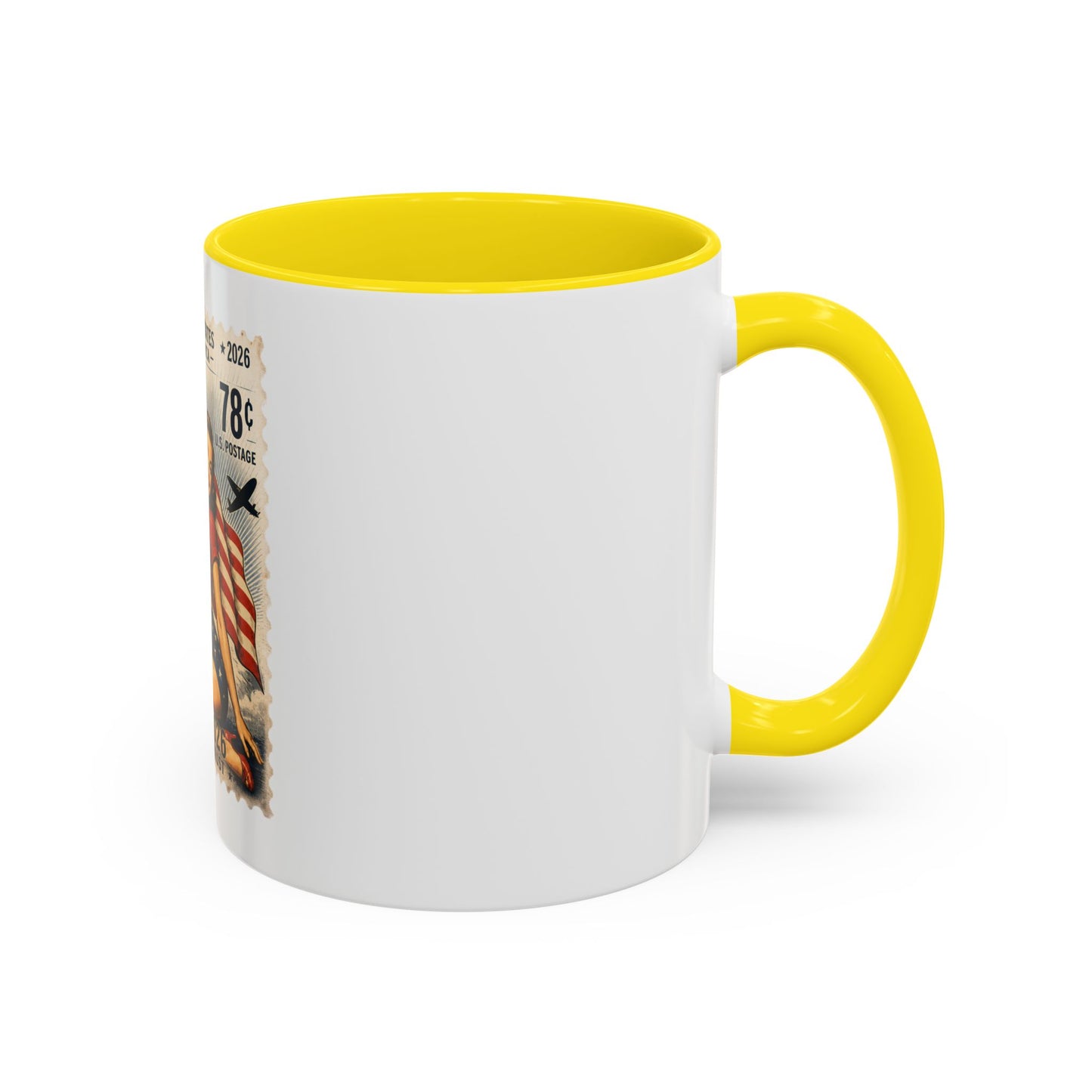 Vintage Patriotic Coffee Mug — 1776–2026 Pinup with American Flag (78 Stamp Design)