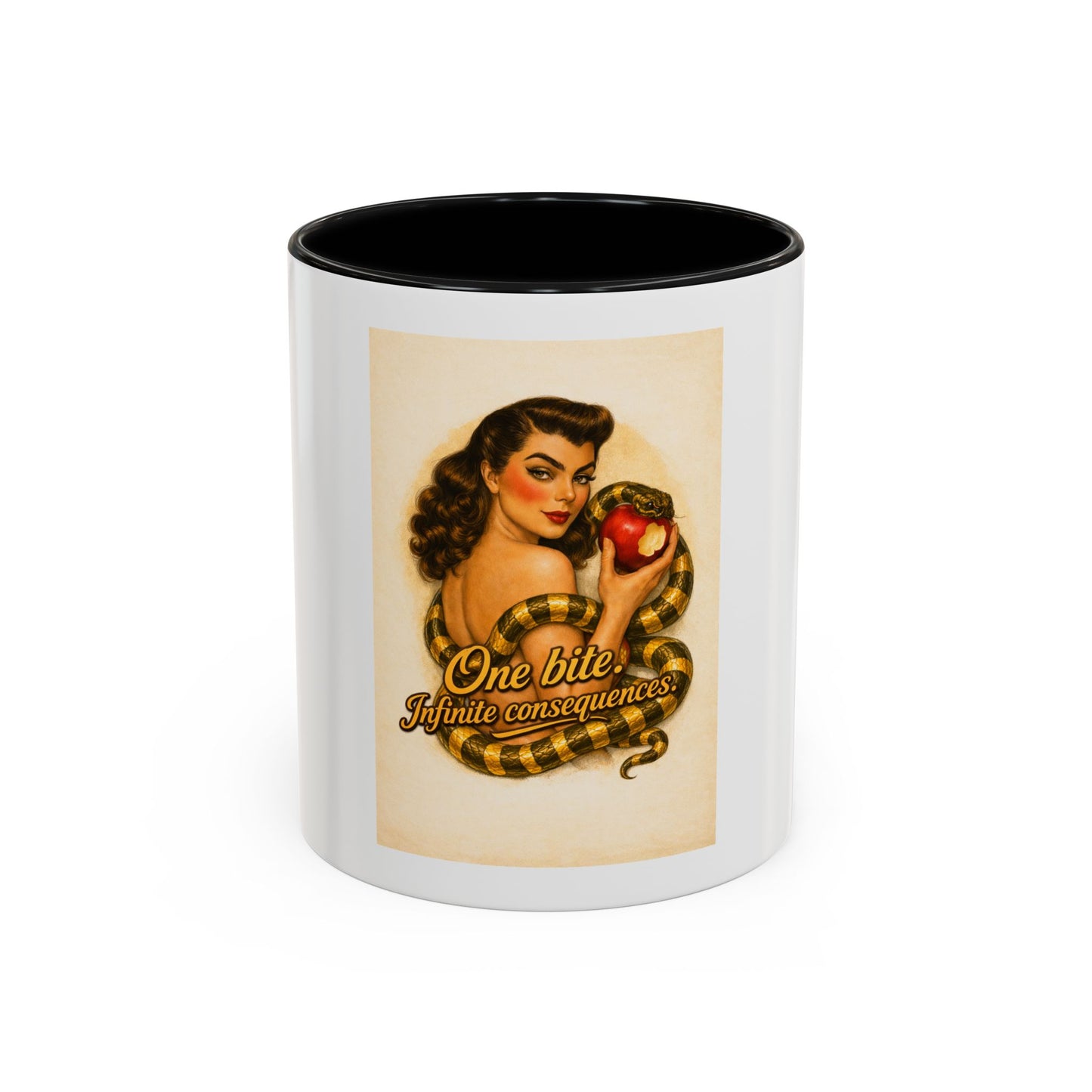 Vintage Pin-Up Coffee Mug – "One Bite Infinite Consequences" Retro Design