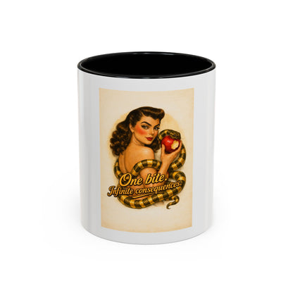 Vintage Pin-Up Coffee Mug – "One Bite Infinite Consequences" Retro Design