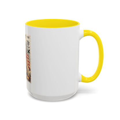 Vintage Patriotic Coffee Mug — 1776–2026 Pinup with American Flag (78 Stamp Design)