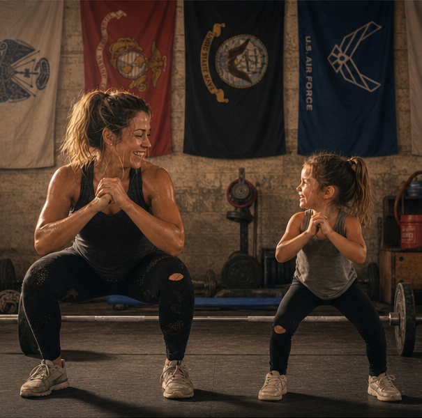 Woman and child doing squats in a gym with various equipment and flags on the wall.