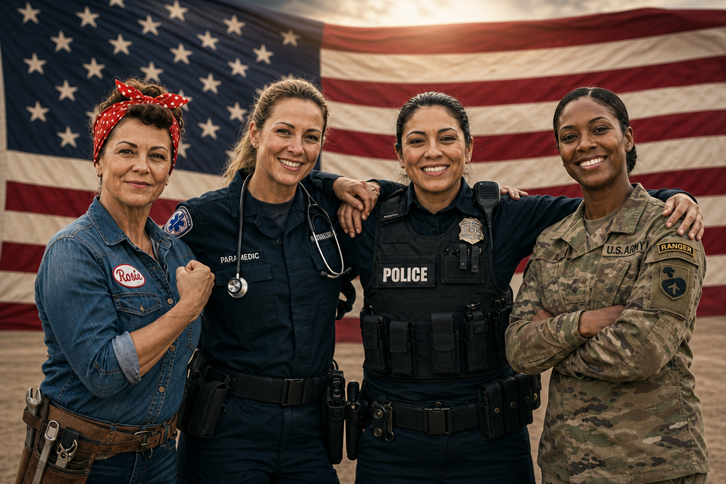 Four women in different professions standing in front of an American flag